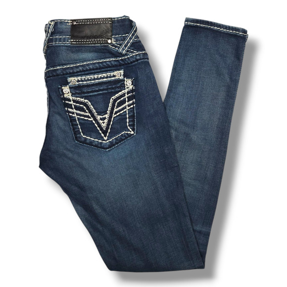 EUC Vigoss Dublin Embellished Low Rise Denim Skinny Jeans Sz. 1/2x31 Dark Wash - Picture 3 of 13